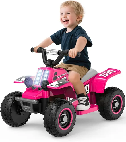 ANPABO Juguete ATV de 6 V 7AH para niños, 4 ruedas para niños pequeños con faro, adelante y atrás, bocina, reproductor de música, USB, MP3, Rosa