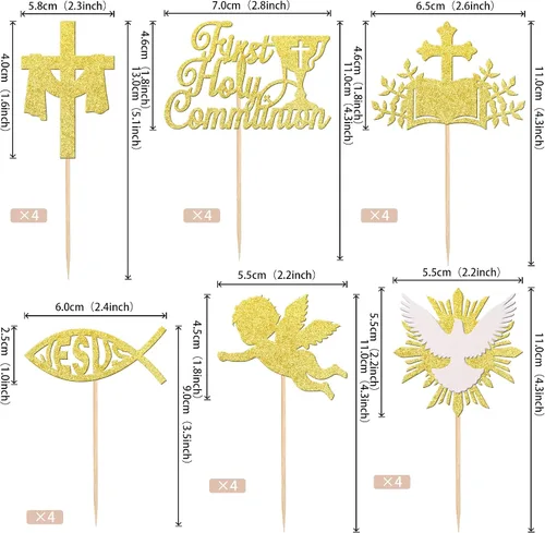 Miniatura 2 de Rsstarxi Paquete de 24 adornos dorados para magdalenas de la Primera Comunión con purpurina dorada, paloma, ángel, Dios bendiga cruz, para bautismo