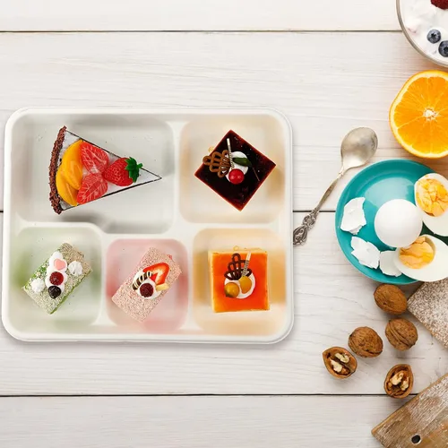 Miniatura 8 de Vplus Platos 100% compostables con 5 compartimentos, paquete de 125 platos ecológicos desechables de caña de azúcar de 10 x 8 pulgadas, bandeja