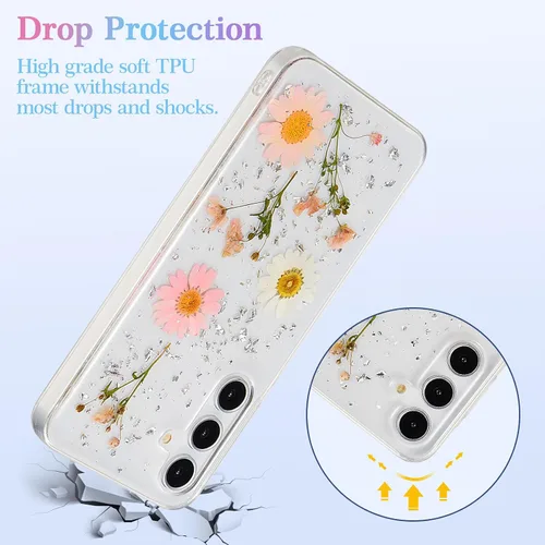 Miniatura 3 de EYZUTAK Funda para Samsung Galaxy A15 4G/5G, Bling Glitter Lentejuelas Hecho a Mano Hoja De Flor Seca Real Funda Estética Transparente Embedded