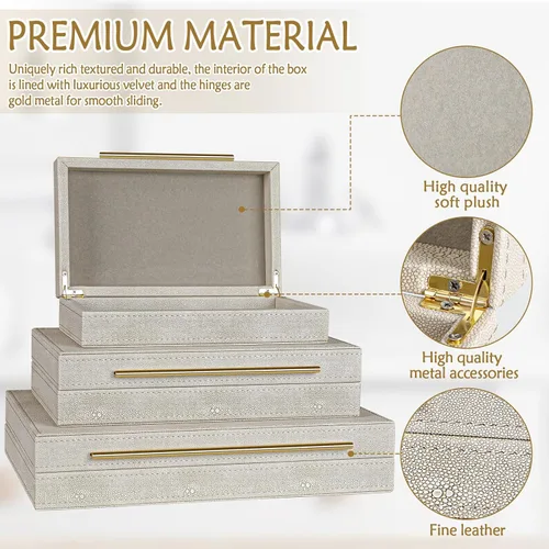 Miniatura 3 de Juego elegante de 3 cajas decorativas de marfil con forro de terciopelo y asas doradas de Shagreen - Organizador versátil para joyas y decoración