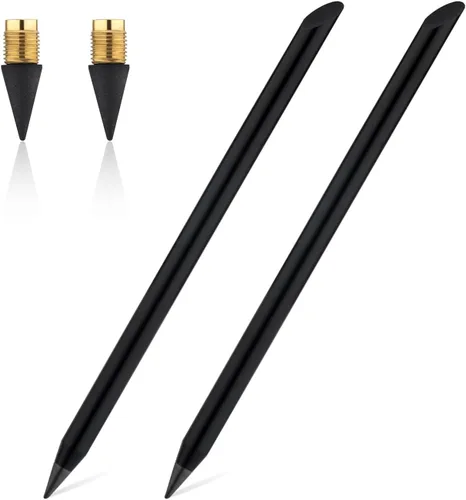 2 lápices de metal sin tinta, lápiz infinito, reutilizables, ilimitados, eternos, con 2 puntas de repuesto para escribir, oficina, escuela,