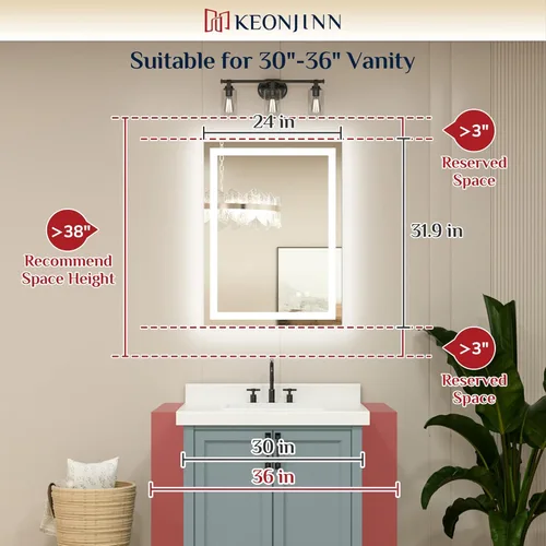 Miniatura 3 de Keonjinn - Espejo de baño LED de 24x32 pulgadas con luz, iluminación frontal y trasera, espejos iluminados para la pared del baño con luces