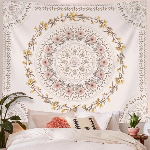 Miniatura 8 de Lifeel - Tapiz bohemio azul para colgar en la pared, tapiz hippie de mandala, medallón floral con diseño de corona estética blanca, manta decorativa