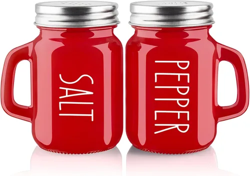 ZOSUJO - Juego de saleros y pimenteros rojos, 4 onzas, lindos y modernos juegos de saleros rojos de vidrio navideños con tapas de acero inoxidable,
