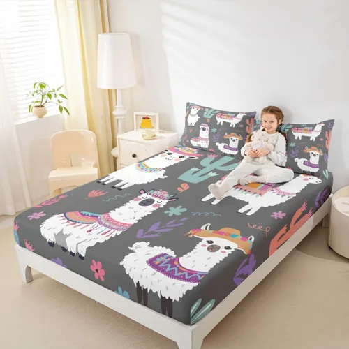Miniatura 6 de Juego de sábanas para niños, bonito juego de ropa de cama con estampado de llama de dibujos animados y alpaca, sábana bajera ajustable para niños