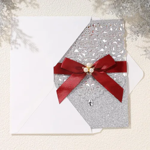 Miniatura 5 de AdasBridal 25 invitaciones de corte láser con purpurina plateada con tarjetas y sobres, diseño de diamante y cinta de lujo con inserto de papel