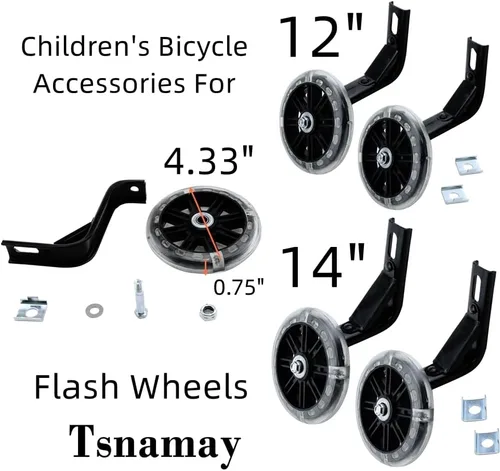 Miniatura 2 de Par de ruedas auxiliares de bicicleta para niños, accesorios para bicicletas de 12 "14" 16", ruedas de entrenamiento flash Negro