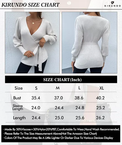Miniatura 5 de KIRUNDO - Suéter de punto acanalado para mujer, cuello en V, para otoño 2020, jersey de punto con lazo