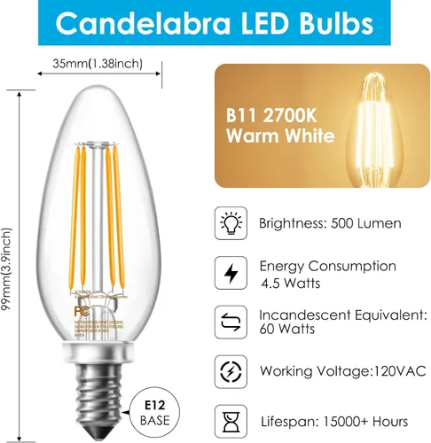 Miniatura 2 de VOLIVO Bombillas LED de candelabro E12 regulables de 60 vatios equivalentes, 2700 K luz blanca cálida, 500 lúmenes, 4.5 W B11 bombillas LED vintage