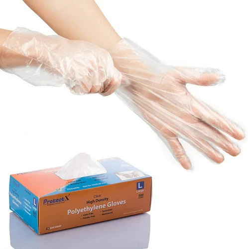 ProtectX 500 guantes de preparación de alimentos, guantes de plástico desechables para cocinar sin látex ni polvo, talla única 500 unidades en caja