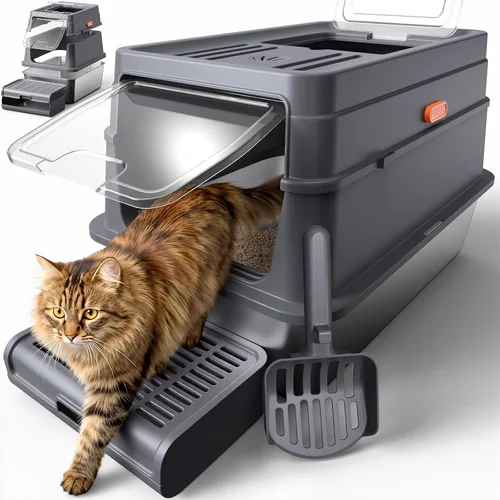 Miniatura 9 de Powools Caja de arena para gatos – Caja de arena de acero inoxidable con tapa para gatito, caja cerrada con base de metal para gatos con cuchara