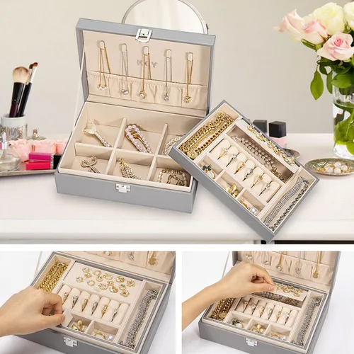 Miniatura 4 de KCY Organizador de joyas para mujeres y niñas estuche grande de cuero sintético con soporte de exhibición de 2 capas y bandeja extraíble para aretes