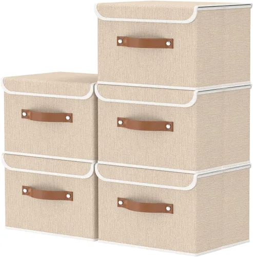 Miniatura 11 de OUTBROS Caja de almacenamiento plegable grande con tapa, organizador de armario de tela de lino, contenedores para toallas, ropa, 15 x 9.8 x 9.8