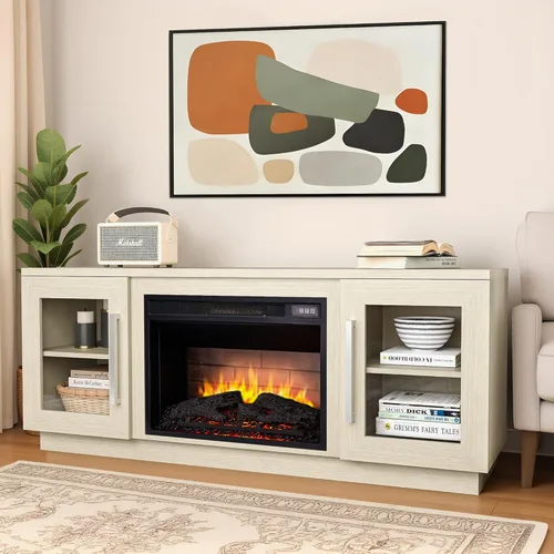 Cheerway Soporte de TV con chimenea 3D para televisores de hasta 65 pulgadas, mesa de centro de entretenimiento multimedia de madera y gabinetes de