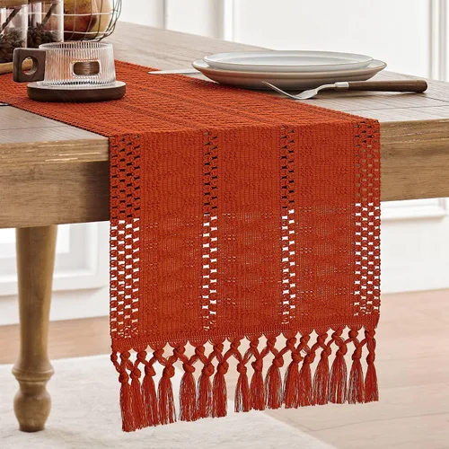Miniatura 24 de ZeeMart Camino de mesa bohemio estilo macramé, caminos de mesa blancos de 108 pulgadas de largo, decoración del hogar tejido de granja, 12 x 108