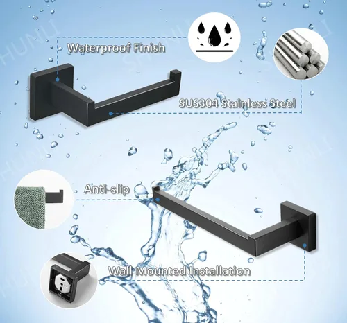 Miniatura 2 de SHUNLI Soporte de papel higiénico negro + soporte para toalla de mano, juego de accesorios de baño de 2 piezas, toallero de anillo para toalla