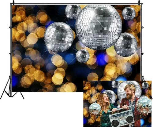 Renaiss Telón de fondo de fiesta de discotecas plateadas de 5 x 3 pies con diseño de bokeh dorado neón para discotecas de los años 70, 80 y 90,