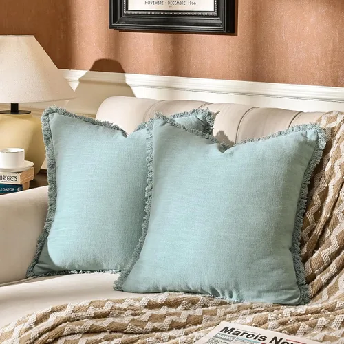 Miniatura 14 de AmHoo Paquete de 2 fundas de almohada de lino con borlas con flecos decorativas rústicas naturales para cojín de sofá, sofá, dormitorio 16 x 16 Beige