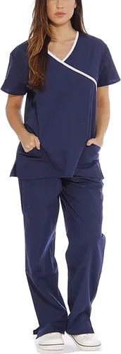 Miniatura 2 de Conjunto de uniforme médico para mujer, elástico en 4 direcciones, bolsillos ligeros, cuello en V, conjunto de uniforme médico con cordón elástico