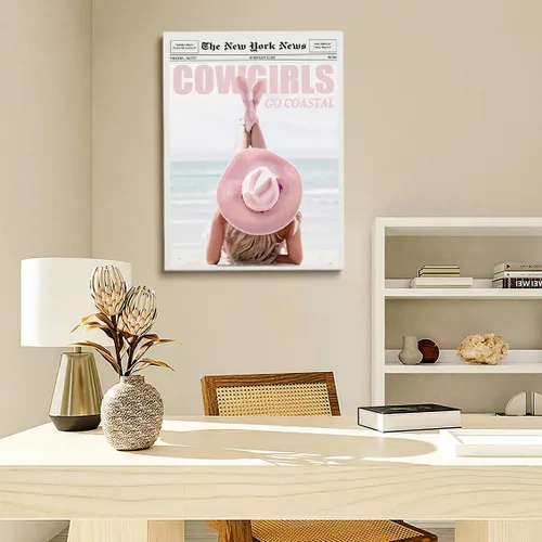 Miniatura 4 de Arte de pared de vaquera costera rosa, póster de periódico vintage de los años 70, revista de surf costero, póster retro chic de surfista de playa