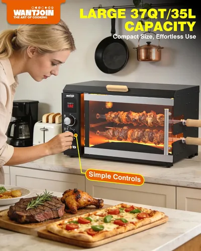 Miniatura 5 de WantJoin Horno asador eléctrico - Horno asador 3 en 1 de 37 cuartos de galón, pinchos dobles, rejilla para asar, calefacción de rotación automática