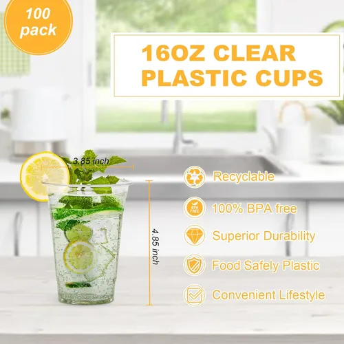 Miniatura 2 de TashiBox 100 tazas de plástico de 16 onzas, tazas de café helado para llevar, tazas de fiesta de PET transparentes