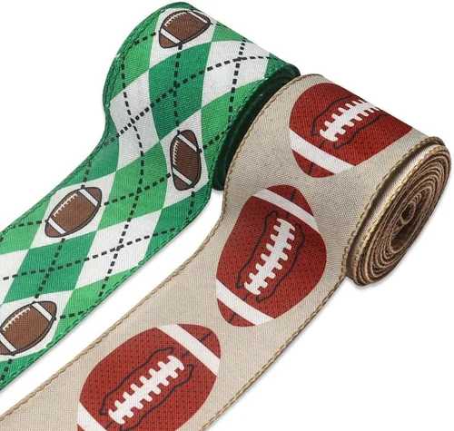 Miniatura 8 de 2 rollos de cintas de fútbol americano de 2.5 pulgadas x 10 yardas para lazos, cintas deportivas de arpillera con borde con alambre para envolver