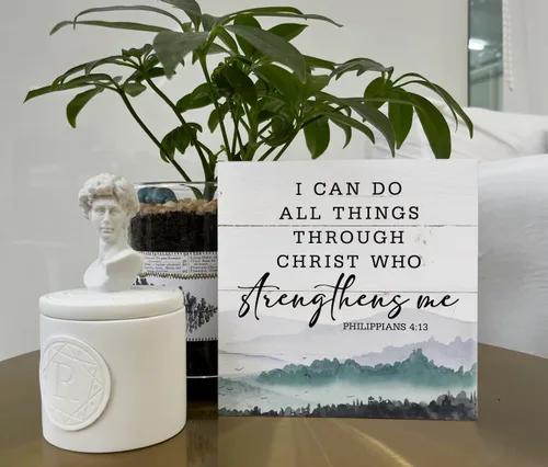 Miniatura 5 de Letreros de madera cristiana, versículo bíblico, filipenses 4:13 – I Can Do All Things Through Christ Who Strengthens Me, decoración de mesa