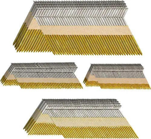 Clavos para Enmarcar de 34-30 Grados, 4 Tamaños (2"+2-1/2"+3.0" con Anillo+3-1/2" Lisos), Clavos de Tira de Cinta de Papel Galvanizados por