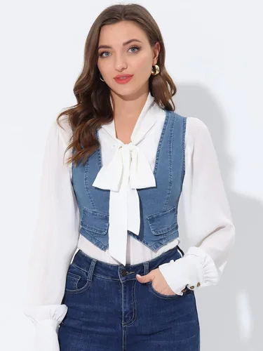 Miniatura 2 de Allegra K Chaleco de mezclilla para mujer con botones y sin mangas