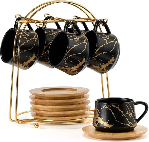 Miniatura 11 de LUKA - Juego de tazas de café de cerámica con platillos y soporte de metal, tazas de capuchino apilables de 8 oz de porcelana para té, espresso