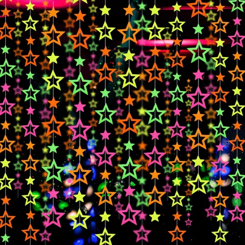 Miniatura 9 de Guirnalda de Papel Neón de 110 pies, Serpentinas Neón, Estrella Perforada, Decoraciones Neón de Luz Negra que Brillan para Fiestas, Reactivas a UV