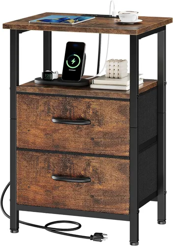 Miniatura 21 de Vagusicc Nightstand with Charging Station, End Table Bedside Table with 2 Fabric Drawers, Black Night Stand with USB Ports & Outlets, 24.2" Tall Bed