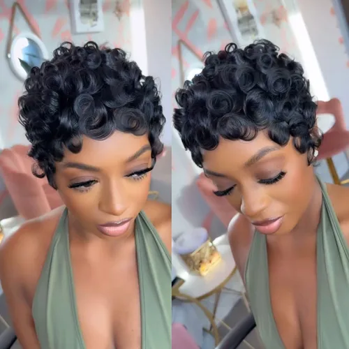 YOUKNOWIG Pelucas de corte Pixie para mujeres negras, peluca brasileña rizada con corte Pixie, cabello humano, sin pegamento, pelucas cortas en
