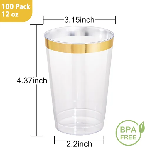 Miniatura 4 de I00000 Paquete de 100 unidades de vasos de plástico dorado de 12 onzas, vasos desechables con borde dorado, vasos de vino desechables y copas