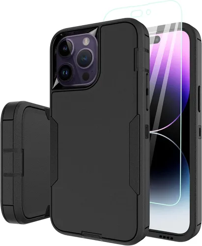 Funda para iPhone 14 Pro Max, con protector de pantalla de vidrio templado, carcasa resistente a prueba de golpes con cubierta de puerto de carga,