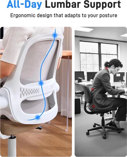 Miniatura 5 de Silla de oficina ergonómica de malla para oficina en casa, brazos abatibles, respaldo de malla transpirable y cojín de asiento grueso, silla de Beige