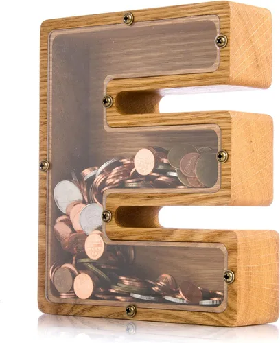 Miniatura 12 de Alcancía de madera personalizada con letra para niños, niñas y adultos, bancos de monedas de madera de roble duradero, 3 tamaños para elegir