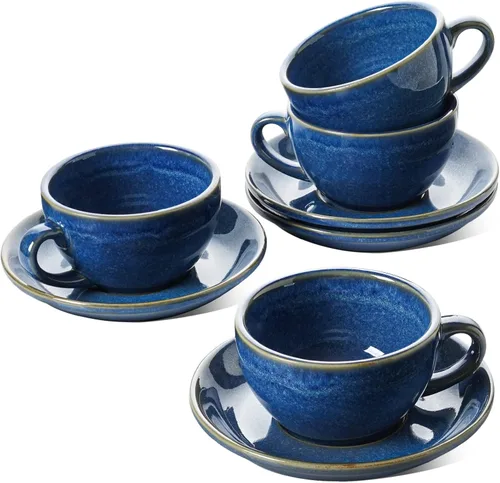 Miniatura 10 de LE TAUCI Juego de 4 tazas de capuchino de 6 onzas con platillos, juego de 4 tazas de café de cerámica y platillos para café con leche, Au Lait