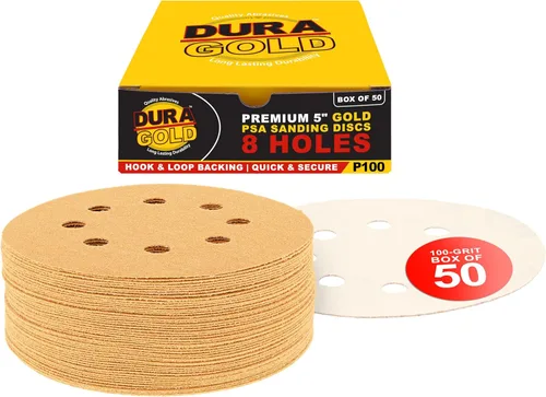 Miniatura 18 de Dura-Gold Discos de papel de lija premium de grano 220 de 5 pulgadas, patrón de 8 agujeros, sin polvo, 50 discos, soporte de gancho y bucle