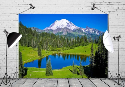 Miniatura 2 de BELECO Telón de fondo de fotografía de bosque de montaña de 5 x 3 pies, lago azul, pinos, bosque, nieve, montañas, naturaleza, paisaje, senderismo