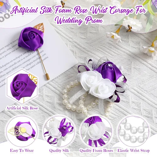 Miniatura 3 de Tigeen Juego de 24 ramilletes de muñeca y boutonniere para hombre, ramillete de muñeca de boda, flor de mano para madre de novia, novia, decoración
