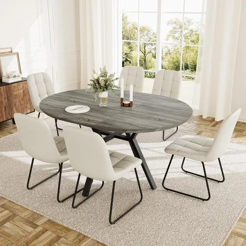 Miniatura 7 de HIPIHOM Juego de mesa de comedor redonda extensible para 6 personas, mesa de cocina extensible de 43.3 a 59.1 pulgadas con 6 sillas tapizadas, Mesa