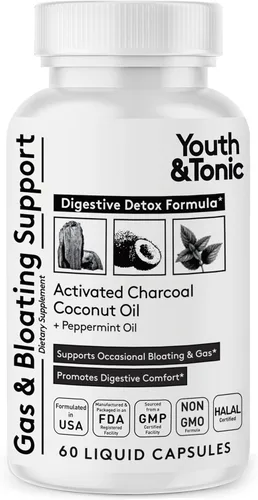 Youth & Tonic Píldoras de carbón activado líquido 3 en 1 + 1200 mg de aceite de coco orgánico y aceite de menta, desintoxicación digestiva y