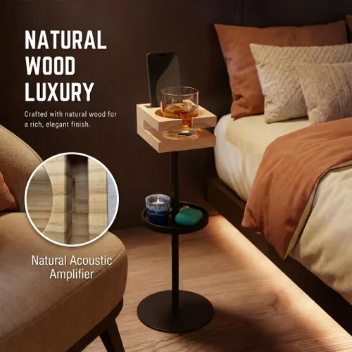 Miniatura 3 de Mesa de bebidas para espacios pequeños – Mesa auxiliar delgada de pedestal con parte superior de madera real y base estable para café y cócteles