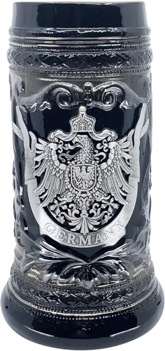 Essence of Europe Gifts OktoberfestHaus - Vaso de cerveza de cerámica con emblema de metal Bier Krug de 0,6 litros (águila) alemán (águila)