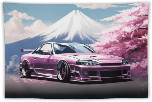 Miniatura 10 de FeoYoed Jdm Car R33 - Tapiz para colgar en la pared, arte de pared para dormitorio, sala de estar, monte japonés, Fuji, flor de cerezo rosa, 40 x 60