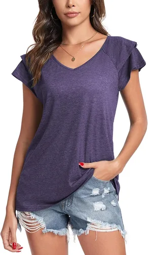 Miniatura 4 de Poetsky Camisas de verano para mujer, estilo casual, cuello en V, manga corta, ajuste holgado