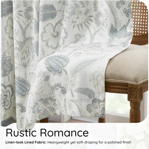 Miniatura 7 de Kayne Studio Paneles de cortina 100% opaca azul gris con estampado de hojas botánicas, cortinas florales de estilo granja para sala de estar y Azul